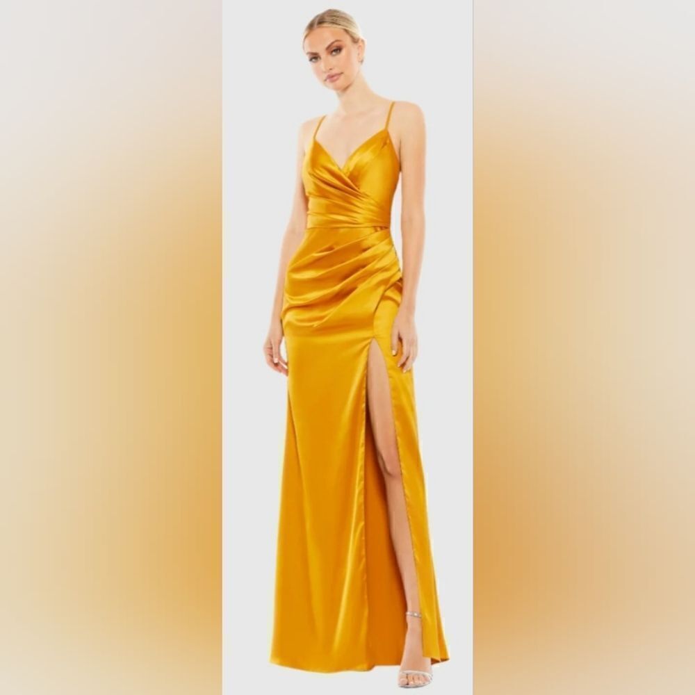 Mac Duggal 26585 Satin Sleeveless Faux Wrap Ruched Gown NWT sz 0 Marigold/Yellow